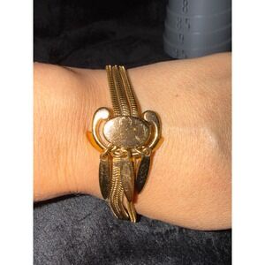Monet Vintage Gold Tone Triple Strand Herringbone Dangle Charm Bracelet 7 Inch